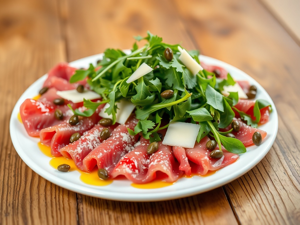 Classic Italian Beef Carpaccio Recipe A plate of Beef Carpaccio with thinly sliced beef, arugula, capers, and Parmesan cheese on a rustic table.